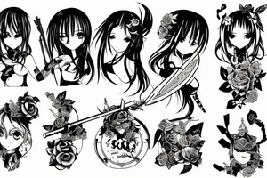 ANIME GIRL WITH WEAPON blackwork tattoo idea