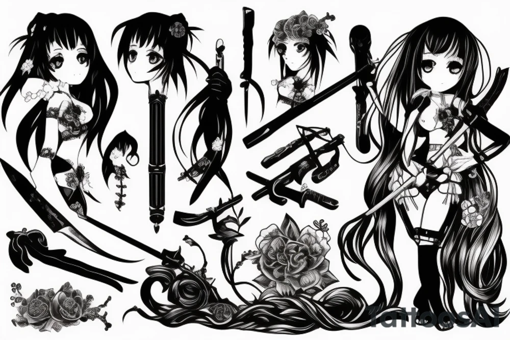 ANIME GIRL WITH WEAPON blackwork tattoo idea