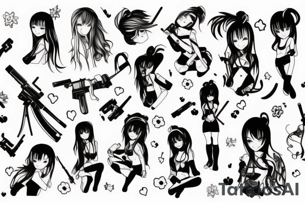 ANIME GIRL WITH AK 47 blackwork tattoo idea