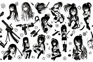 ANIME GIRL WITH AK 47 blackwork tattoo idea
