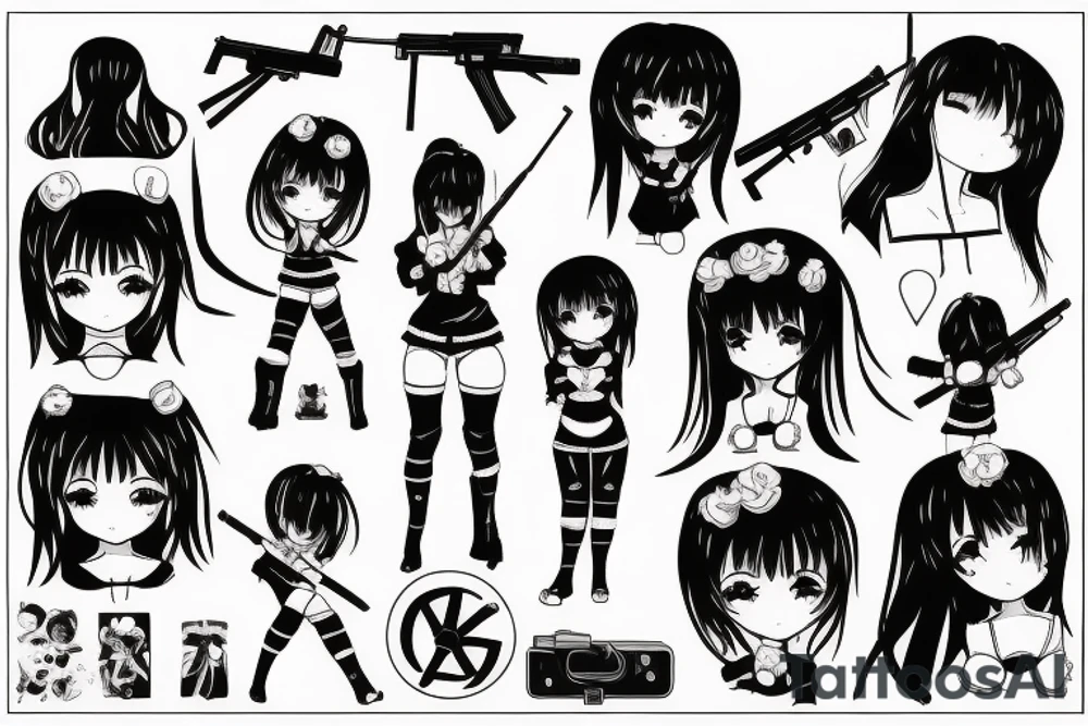 ANIME GIRL WITH AK 47 blackwork tattoo idea
