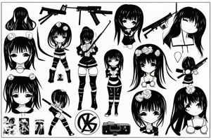 ANIME GIRL WITH AK 47 blackwork tattoo idea