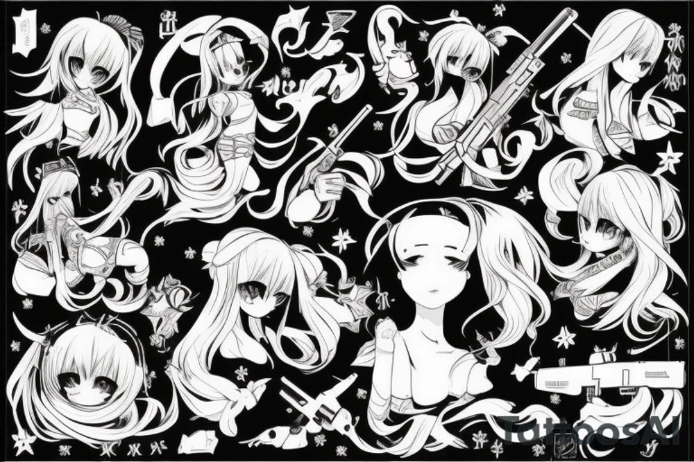 ANIME GIRL WITH AK 47 blackwork tattoo idea