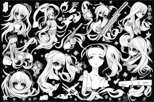 ANIME GIRL WITH AK 47 blackwork tattoo idea