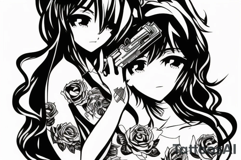ANIME GIRL WITH AK 47 blackwork tattoo idea