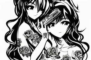 ANIME GIRL WITH AK 47 blackwork tattoo idea