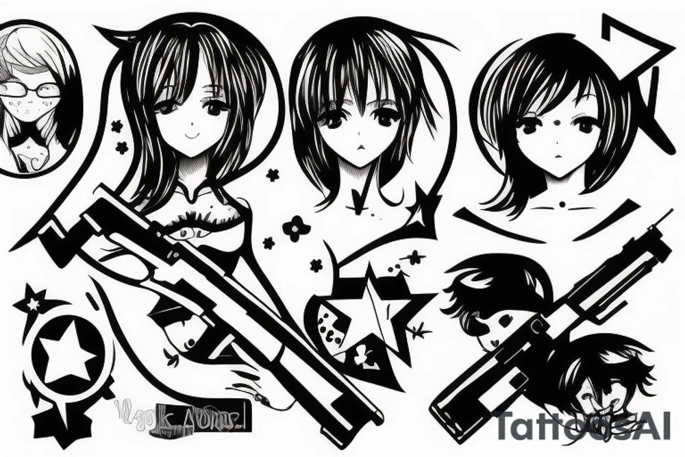 ANIME GIRL WITH AK 47 blackwork tattoo idea