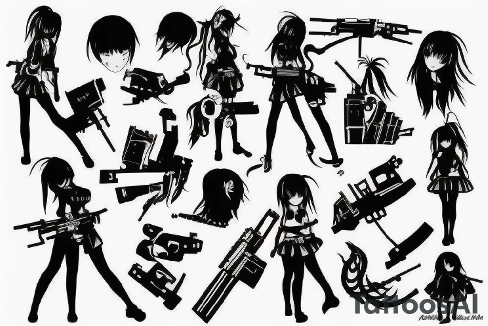 ANIME GIRL WITH AK 47 blackwork tattoo idea