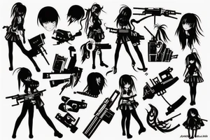 ANIME GIRL WITH AK 47 blackwork tattoo idea
