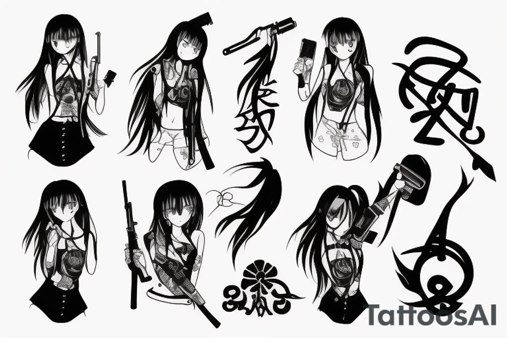 ANIME GIRL WITH AK 47 blackwork tattoo idea