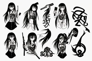 ANIME GIRL WITH AK 47 blackwork tattoo idea