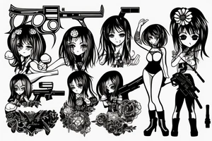 ANIME GIRL WITH kalashnikov blackwork tattoo idea
