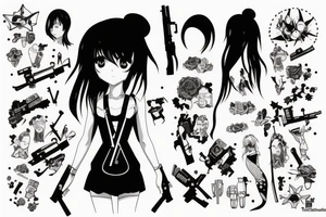 ANIME GIRL WITH kalashnikov blackwork tattoo idea