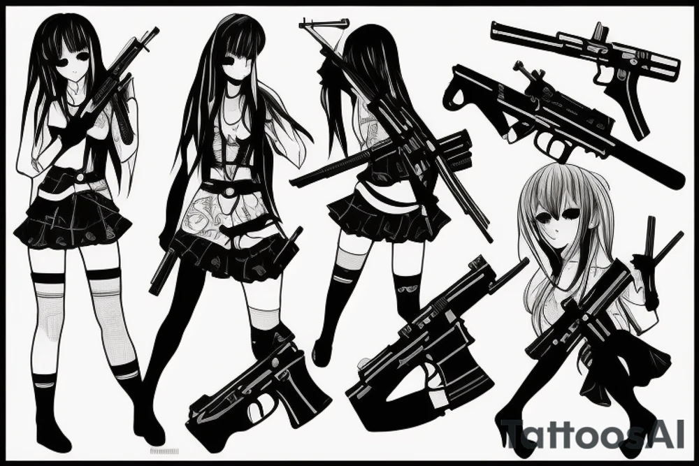 ANIME GIRL WITH kalashnikov blackwork tattoo idea