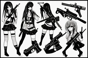 ANIME GIRL WITH kalashnikov blackwork tattoo idea