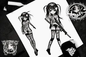 ANIME GIRL WITH kalashnikov blackwork tattoo idea