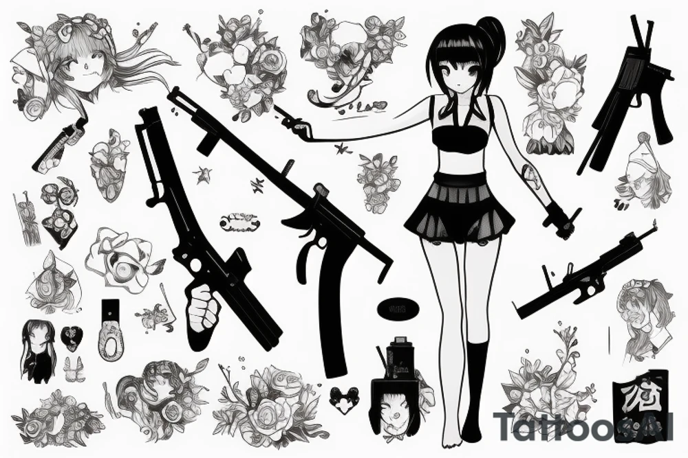 ANIME GIRL WITH kalashnikov blackwork tattoo idea