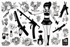 ANIME GIRL WITH kalashnikov blackwork tattoo idea