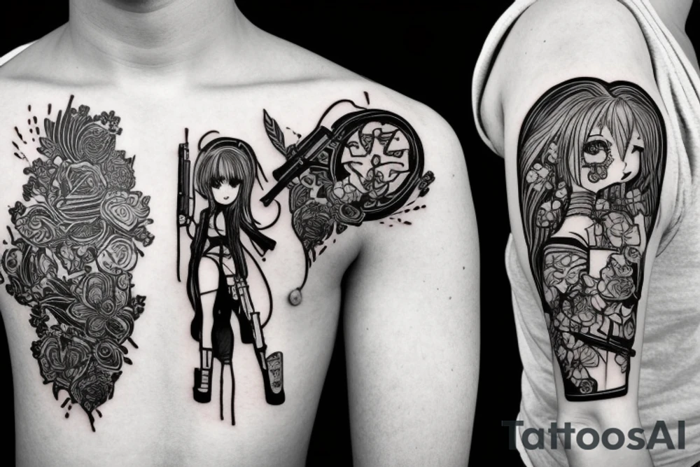 ANIME GIRL WITH kalashnikov blackwork tattoo idea
