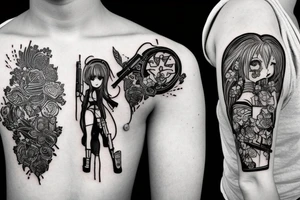 ANIME GIRL WITH kalashnikov blackwork tattoo idea