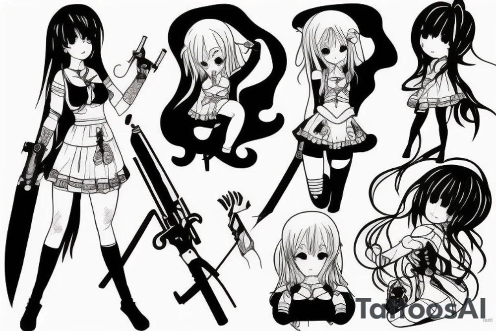 pretty ANIME GIRL WITH weapon blackwork tattoo idea pretty ANIME GIRL WITH weapon blackwork tattoo idea