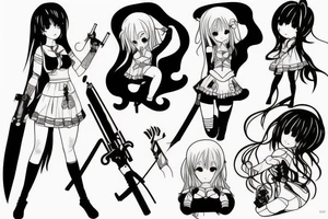 pretty ANIME GIRL WITH weapon blackwork tattoo idea