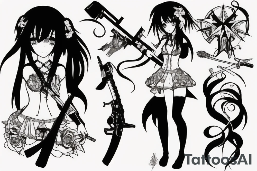 pretty ANIME GIRL WITH weapon blackwork tattoo idea pretty ANIME GIRL WITH weapon blackwork tattoo idea