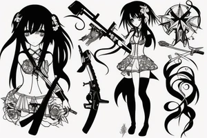 pretty ANIME GIRL WITH weapon blackwork tattoo idea