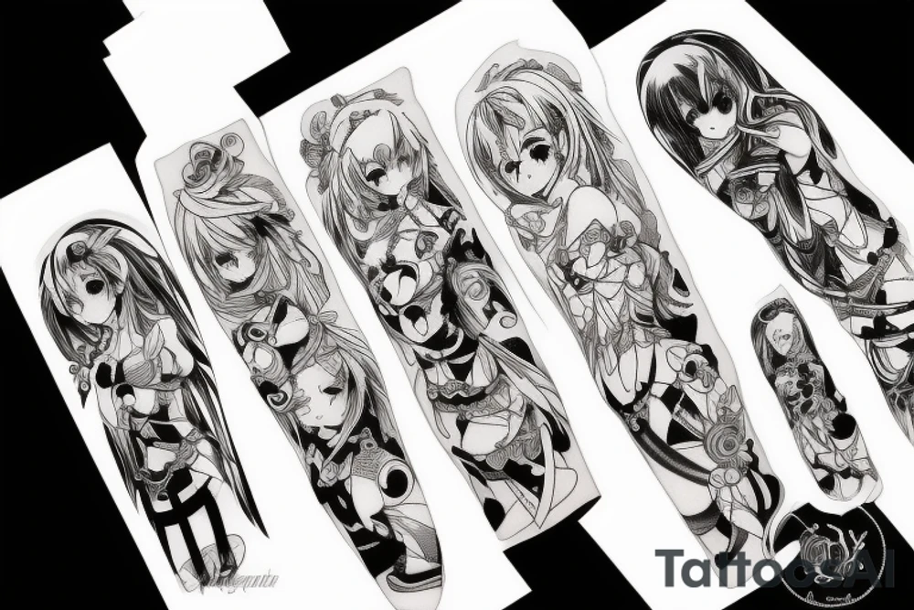 pretty ANIME GIRL WITH weapon blackwork tattoo idea