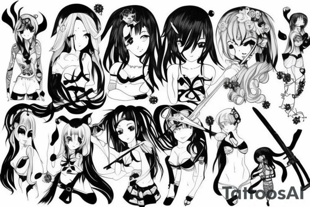 pretty ANIME GIRL WITH weapon blackwork tattoo idea