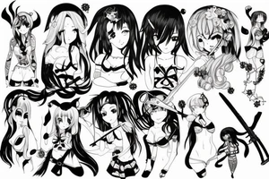 pretty ANIME GIRL WITH weapon blackwork tattoo idea