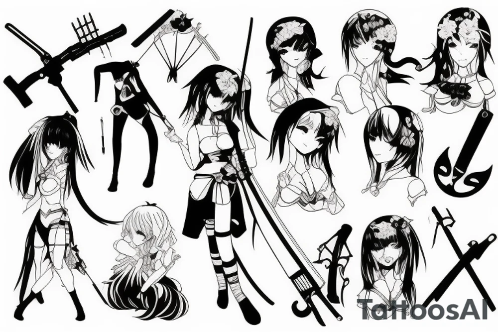 pretty ANIME GIRL WITH weapon blackwork tattoo idea pretty ANIME GIRL WITH weapon blackwork tattoo idea