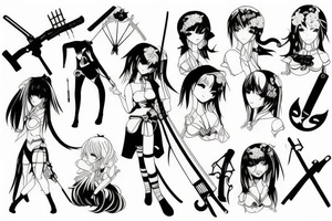 pretty ANIME GIRL WITH weapon blackwork tattoo idea