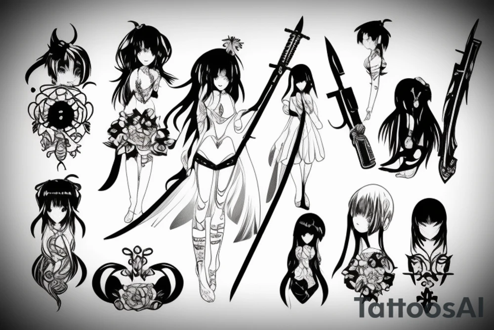 pretty ANIME GIRL WITH weapon blackwork tattoo idea