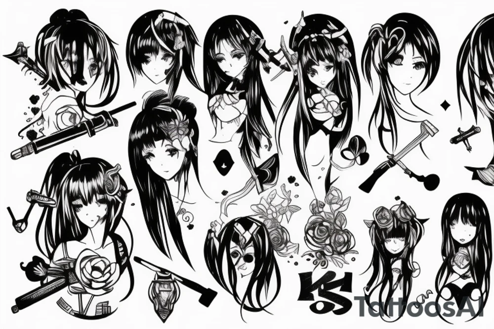 pretty ANIME GIRL WITH weapon blackwork tattoo idea pretty ANIME GIRL WITH weapon blackwork tattoo idea
