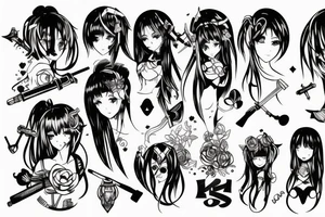 pretty ANIME GIRL WITH weapon blackwork tattoo idea
