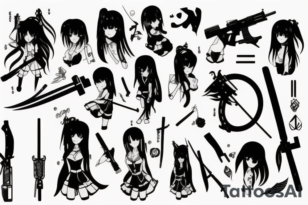 pretty ANIME GIRL WITH weapon blackwork tattoo idea