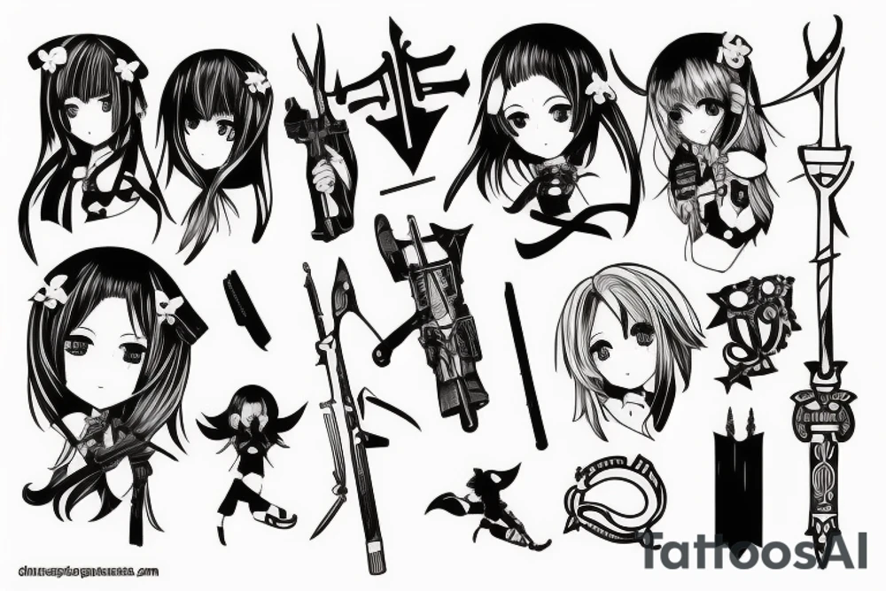 pretty ANIME GIRL holding weapon blackwork tattoo idea pretty ANIME GIRL holding weapon blackwork tattoo idea