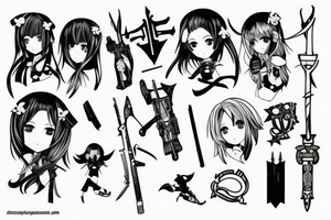 pretty ANIME GIRL holding weapon blackwork tattoo idea
