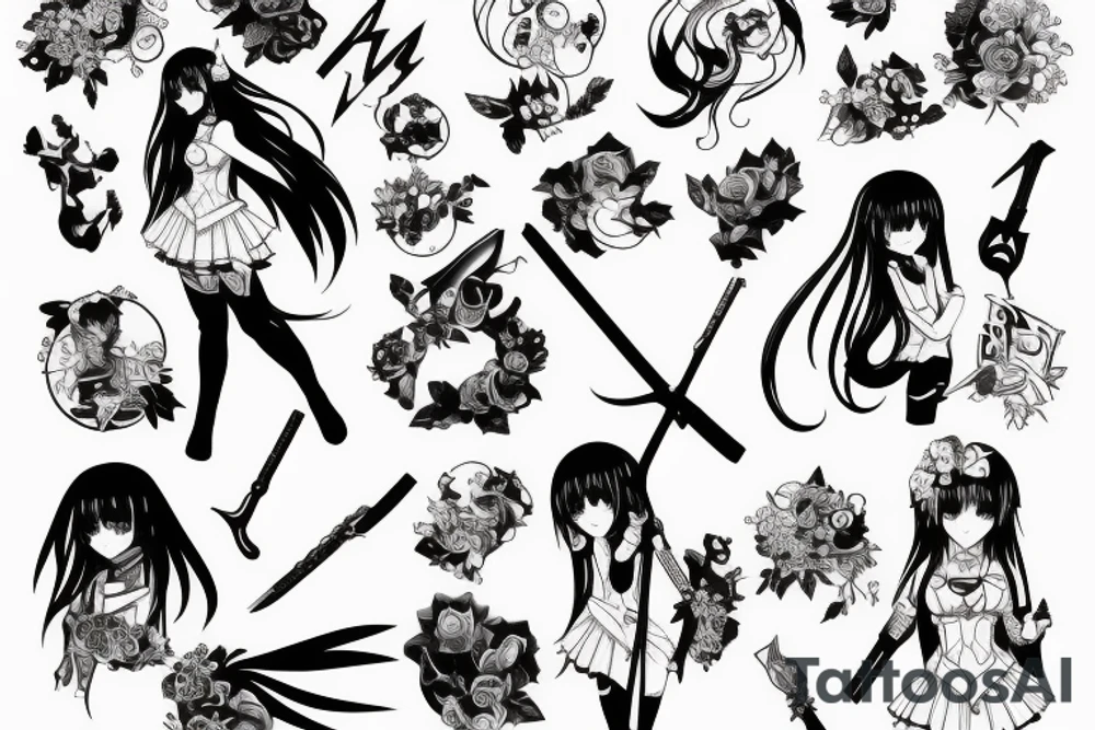 pretty ANIME GIRL holding weapon blackwork tattoo idea