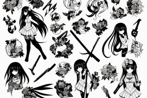 pretty ANIME GIRL holding weapon blackwork tattoo idea