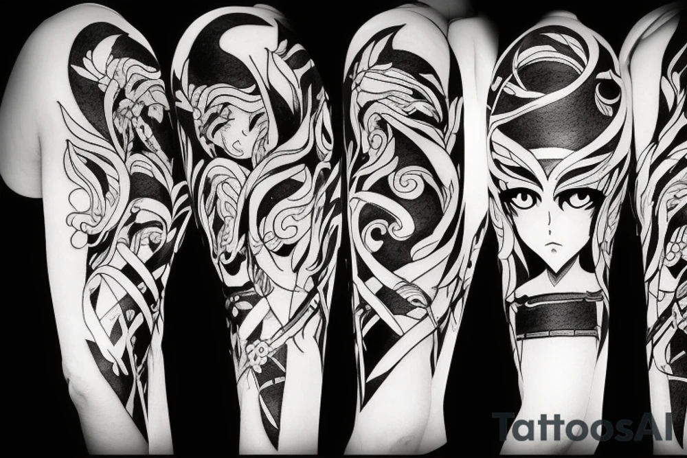 ANIME GIRL holding weapon blackwork tattoo idea ANIME GIRL holding weapon blackwork tattoo idea