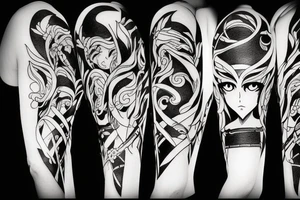 ANIME GIRL holding weapon blackwork tattoo idea