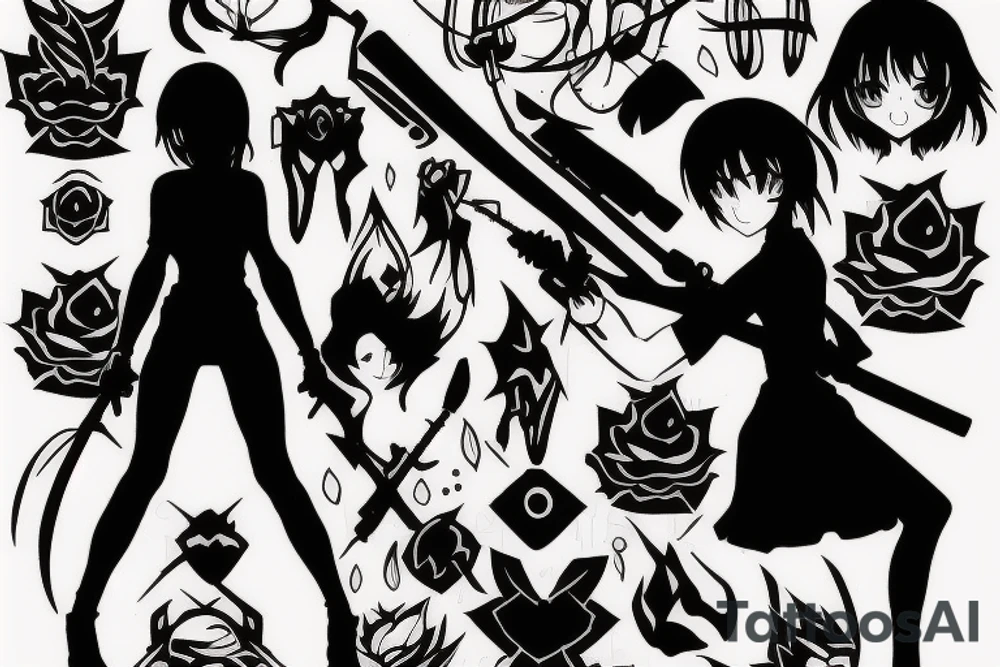 ANIME GIRL holding weapon blackwork tattoo idea ANIME GIRL holding weapon blackwork tattoo idea