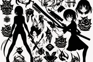 ANIME GIRL holding weapon blackwork tattoo idea