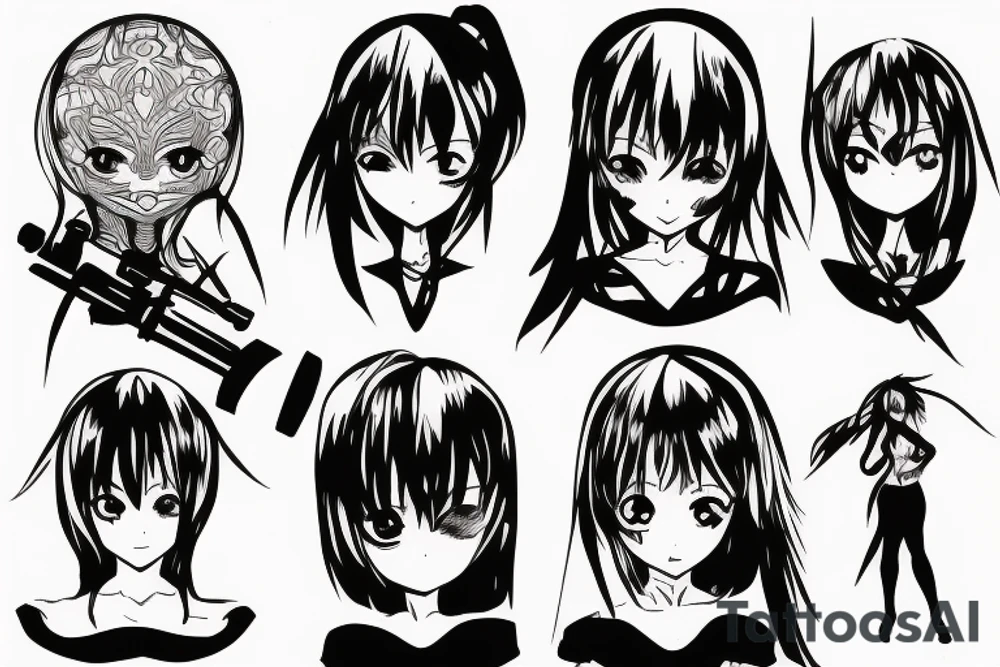 ANIME GIRL holding weapon blackwork tattoo idea ANIME GIRL holding weapon blackwork tattoo idea