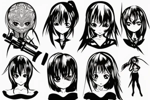 ANIME GIRL holding weapon blackwork tattoo idea