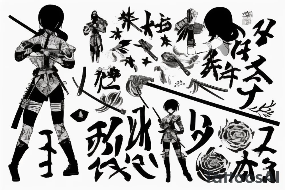 soldier anime girl with katana with effect tattoo idea