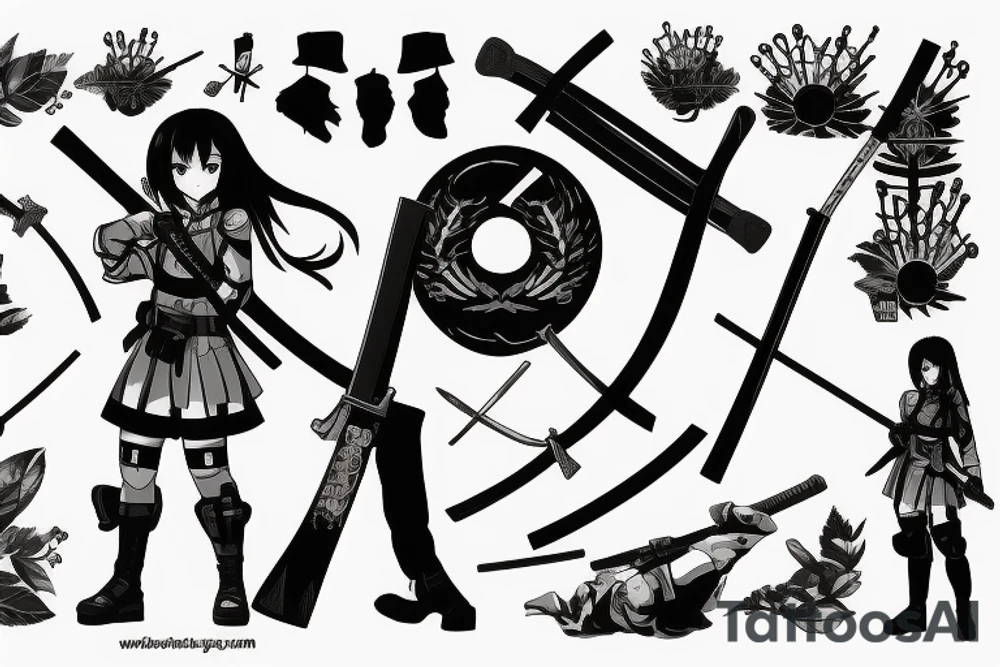 soldier anime girl with katana with effect tattoo idea