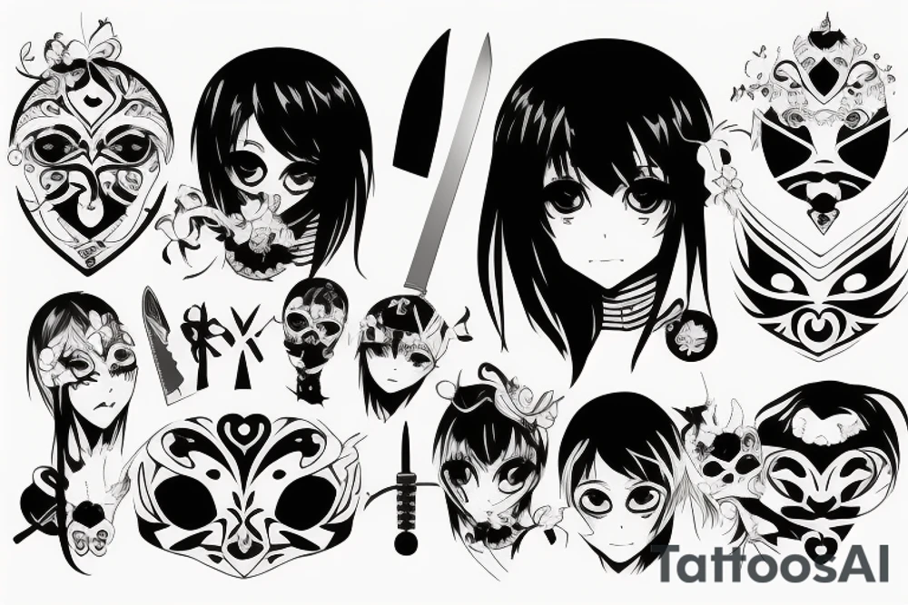 anime girl with knife and mask tattoo idea